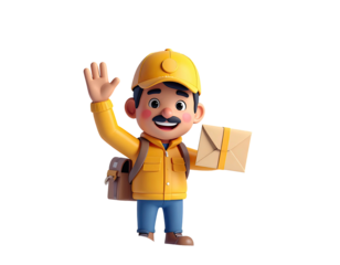 Friendly 3D cartoon delivery man waving and holding a package.