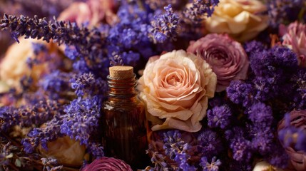 A beautiful flower arrangement with a perfume bottle