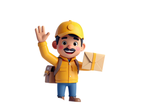 Friendly 3D cartoon delivery man waving and holding a package.