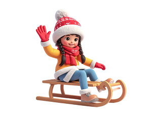 Adorable cartoon girl in winter clothes waving from a wooden sled.