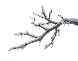 Frozen tree branch with hanging icicles after an ice storm.