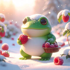 Frog with Raspberry in Winter: An adorable cartoon frog enjoys winter raspberries, surrounded by a snowy landscape, exuding charm and sweetness. 