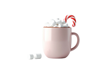 Pink mug of hot chocolate with marshmallows and a candy cane.
