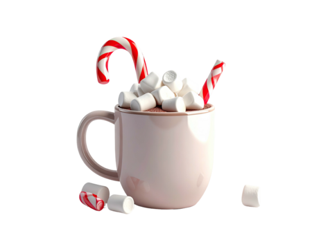 A festive pink mug overflowing with mini marshmallows and candy canes.