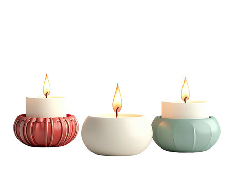 Three small burning candles in colorful decorative ceramic holders.