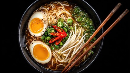 Delicious ramen with flavorful broth, noodles, toppings and chopsticks. This culinary delight captures the essence of a perfect meal