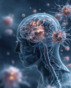 A brain with a bunch of red and orange things on it