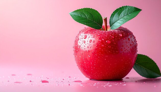 Vibrant Red Apple with Green Leaves and Water Droplets on Pink Surface.