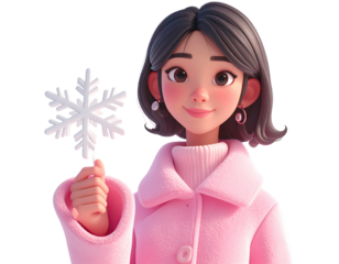 Charming 3D cartoon woman in a pink coat holding a snowflake.