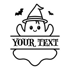 Cute Baby Ghost in Witch Hat Split Name Frame for Halloween My First Boo