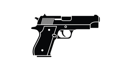 A stark black silhouette of a semi automatic handgun viewed from the side on a white background silhouette