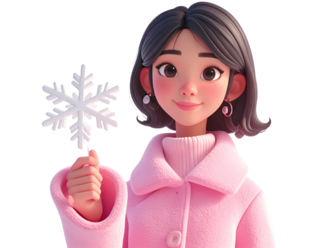 Charming 3D cartoon woman in a pink coat holding a snowflake. - Powered by Adobe