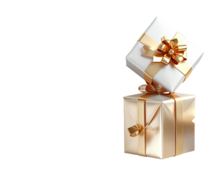 A stack of two elegant gift boxes wrapped in gold and silver paper.