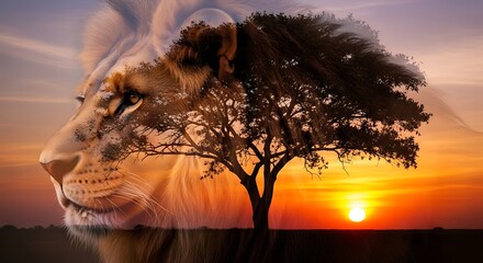 Majestic lion portrait at sunset, featuring a double exposure effect with a vibrant acacia tree.