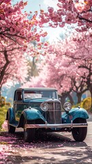 Obraz premium Vintage Teal Car Parked Under Cherry Blossoms