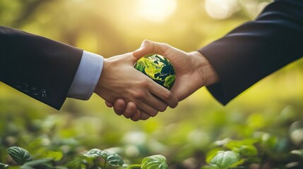 CSR, Corporate Social Responsibility concept: Businessman hands shaking with global ecology, responsive business organization, environmental, sustainable, and ethical business.
