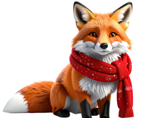 Adorable cartoon red fox wearing a cozy winter scarf.