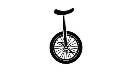 A simple black silhouette of a unicycle with a single wheel and saddle on a white background © MIRAJ02