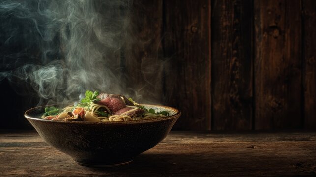 A steaming bowl of delicious noodles with herbs - Powered by Adobe