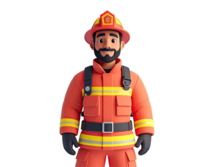 3D illustration of a friendly cartoon firefighter character in uniform.