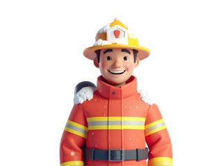 Smiling 3D cartoon firefighter character in full uniform.