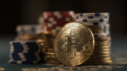 Bitcoin Coin Stacked Beside Poker Chips on a Green Table Surface