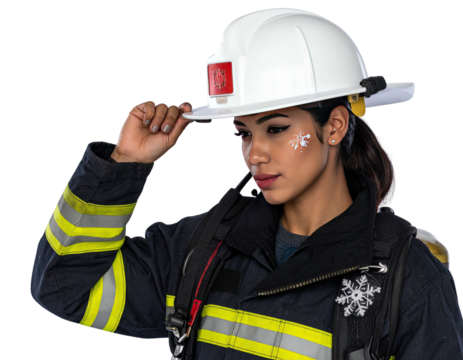 Portrait of a confident female firefighter in uniform adjusting her helmet.