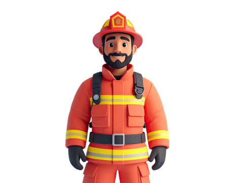 3D illustration of a friendly cartoon firefighter character in uniform.