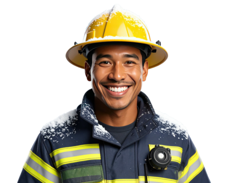 Portrait of a smiling male firefighter in uniform and helmet.