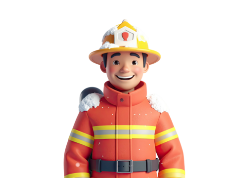 Smiling 3D cartoon firefighter character in full uniform.