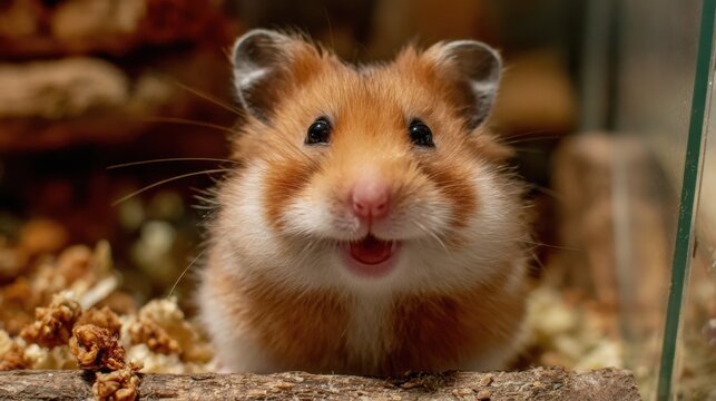 A close-up shot of a cute hamster with a happy expression on his face. The hamster is in a cage. 