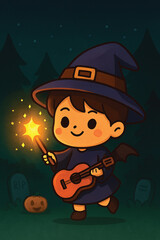 Chibi wizard boy casting glowing spell in dark forest.