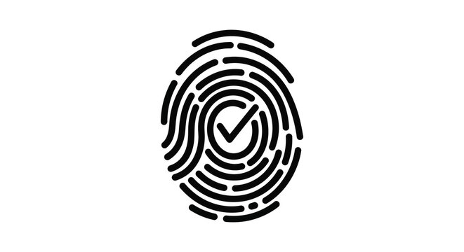 Black fingerprint silhouette with a check mark inside symbolizing verification and identity confirmation silhouette