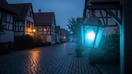 Quaint village street at dusk, illuminated by a teal lantern - Powered by Adobe