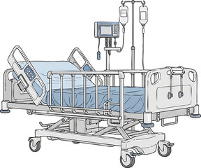 Hospital Bed with IV Drip and Monitor Illustration.