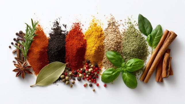 An array of colorful spices arranged artistically