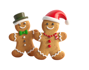 Adorable gingerbread man and woman cookie couple in festive Christmas attire.