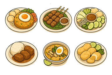 Indonesian Traditional Food Vector Set — Nasi Goreng, Satay, Gado-Gado, Rendang, Soto, and Pempek
