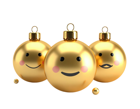 Three adorable golden Christmas baubles with cute emoji faces.