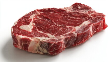 Close-up of a raw steak with a rich red color. The meat is fresh, displaying a perfect marbling, ready for cooking