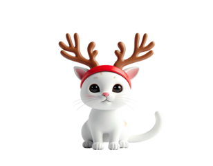 Adorable white cat figurine wearing festive red reindeer antlers.