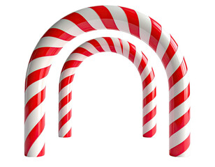 Two festive red and white striped candy cane arches isolated on a white background.