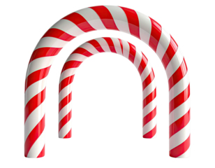 Two festive red and white striped candy cane arches isolated on a white background.