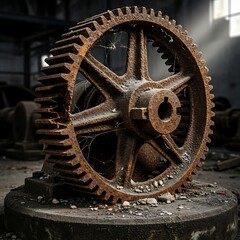 A weathered, rusty gear wheel, detailed and intricate, rests on a dark, dusty platform, hinting at industrial history.
