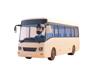 Cartoon tour bus with a friendly driver character at the wheel.