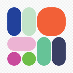 Modern colorful bento grid layout vector with geometric rounded shapes design, minimal abstract template on transparent background.