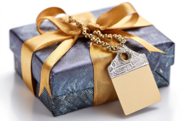 Elegant gift box with a golden ribbon and blank tag perfect for holidays birthdays or special occasions isolated on white