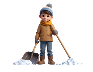Cute cartoon boy in winter clothes holding a snow shovel.