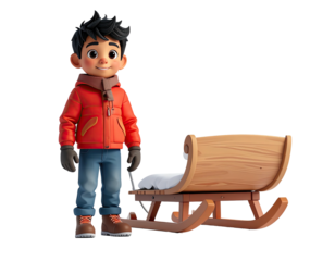 Charming 3D animated boy in a red winter jacket standing with a wooden sled isolated on a white background.