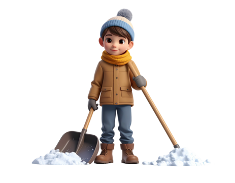 Cute cartoon boy in winter clothes holding a snow shovel.